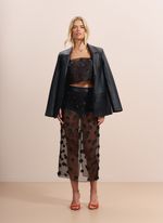 Top de Organza com Flores de Couro Preto