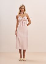 Vestido de Couro Midi com Decote Coração e Detalhes em Renda Rosa Claro
