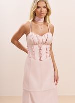 Vestido de Couro Midi com Decote Coração e Detalhes em Renda Rosa Claro