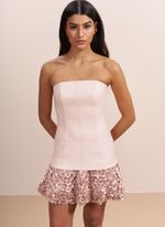 Vestido de Couro Ombros a Mostra e Barrado Floral Rosa Claro