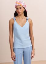 Blusa de Tecido Plano com Detalhes em Couro Azul Claro