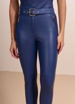 Calça de Couro com Cinto e Detalhe em Zíper Azul Marinho