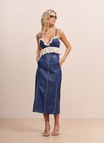 Top de Couro Azul Marinho com Renda Off-white