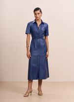 Vestido de Couro Midi Chemise Azul Marinho