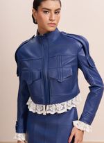 Jaqueta de Couro Azul Marinho com Renda Off-white