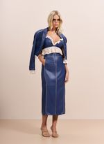 Saia de Couro Midi Azul Marinho com Viés Off-white