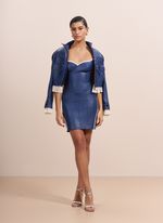 Vestido de Couro Curto Azul Marinho com Viés Off-white