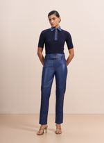 Blusa de Tricot de Manga Curta com Detalhes de Couro Azul Marinho