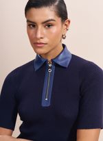 Blusa de Tricot de Manga Curta com Detalhes de Couro Azul Marinho