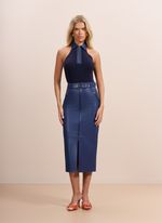 Regata Cavada de Tricot com Gola de Couro Azul Marinho