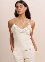 Blusa de Couro com Detalhe em Renda Off-White