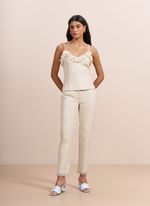 Blusa de Couro com Detalhe em Renda Off-White