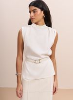 Blusa de Tecido Plano com Detalhes e Cinto em Couro Off-White