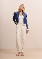 Calça de Couro Jogger com Detalhes em Renda e Bolsos Laterais Off-White