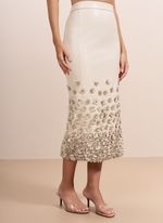 Saia de Couro Midi com Flores de Couro Off-White