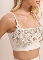 Top de Couro com Aplicação de Flores Off-White