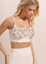 Top de Couro com Aplicação de Flores Off-White