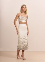 Top de Couro com Aplicação de Flores Off-White