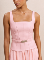 Vestido de Couro e Tecido Plano Rosa Clara