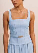 Vestido de Couro e Tecido Plano Azul Claro