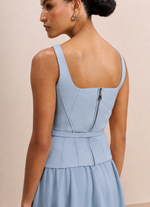 Vestido de Couro e Tecido Plano Azul Claro