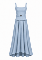 Vestido de Couro e Tecido Plano Azul Claro