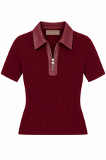 Blusa de Tricot de Manga Curta com Detalhes de Couro Bordô