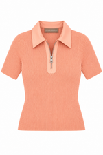 Blusa de Tricot de Manga Curta com Detalhes de Couro Salmão