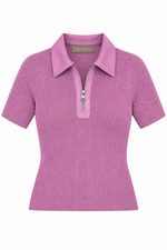 Blusa de Tricot de Manga Curta com Detalhes de Couro Lilás