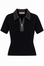 Blusa de Tricot de Manga Curta com Detalhes de Couro Preto