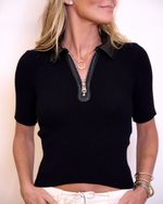 Blusa de Tricot de Manga Curta com Detalhes de Couro Preto