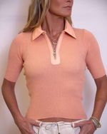 Blusa de Tricot de Manga Curta com Detalhes de Couro Salmão