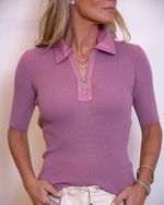 Blusa de Tricot de Manga Curta com Detalhes de Couro Lilás