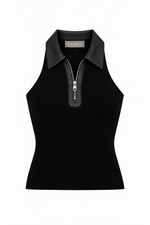 Regata Cavada de Tricot com Gola de Couro Preto