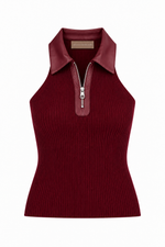 Regata Cavada de Tricot com Gola de Couro Bordô