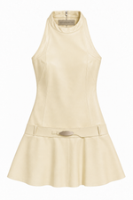 Vestido de Couro com Cinto Amarelo