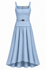 Vestido de Couro e Tecido Plano Azul Claro