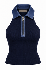 Regata Cavada de Tricot com Gola de Couro Azul Marinho