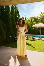 Vestido de Couro e Tecido Plano Amarelo