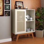 Balcão Alto Aparador Buffet Rattan Pés Em Madeira Off White [F066]