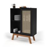 Balcão Alto Aparador Buffet Rattan Pés Em Madeira Preto [F066]