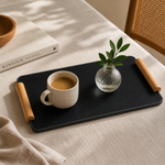 Bandeja Retangular de Vidro com Alça de Madeira 15x25cm Decorativa