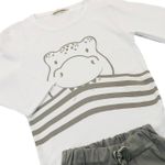 CONJUNTO INFANTIL BLUSA ESTAMPADA DINOSSAURO E CALÇA LISA CINZA