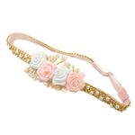Faixa de Cabelo Bebê de Strass com Quatro Flores e Pérolas