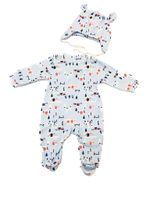 CONJUNTO PIJAMA BEBÊ MACACÃO AZUL E GORRO ESTAMPADO NEVE