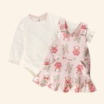 CONJUNTO BEBÊ FLORES BODY MANGA LONGA E SALOPETE