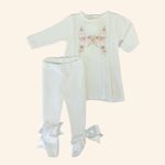 VESTIDO CONJUNTO EM TRICÔ BATIZADO BORDADO FLORES E CALÇA