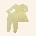 CONJUNTO BEBÊ MENINA VESTIDO TRICÔ AMARELO  LAÇO E CALÇA 