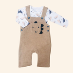 CONJUNTO JARDINEIRA LONGA E BODY BEBÊ MENINO DINOSSAURINHO