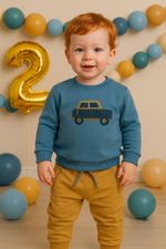 CONJUNTO INFANTIL MENINO COM BLUSA MOLETOM CARRINHO E CALÇA
